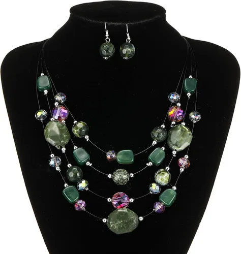 Vista 4 de Layered Chunky Beaded Necklace for Women Colorful Multi-Layer Statement Necklace and Earrings Set Gift for Her