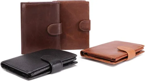Vista 8 de Billetera vertical de tres pliegues de cuero hecha a mano vintage para mujer, con bloqueo RFID, pequeña cartera para tarjetas múltiples, Negro