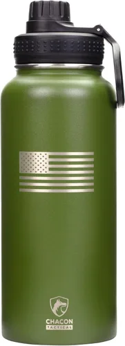 Vista 14 de Botella de agua aislada, negro, acero inoxidable, 32 onzas, diseño de bandera estadounidense de línea azul fina, boca ancha