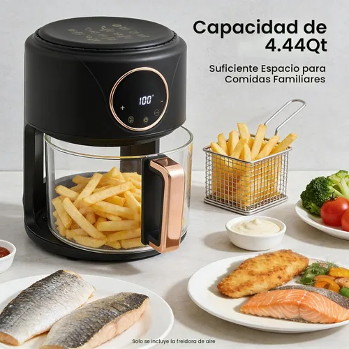 Vista 5 de Freidora de aire de vidrio de 4 cuartos con 8 ajustes preestablecidos, 1200 W digital con pantalla táctil y ventana de visión de 360°, temperatura