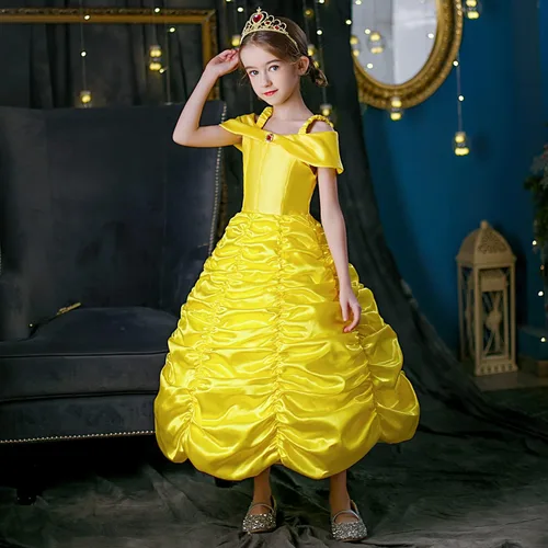 Vista 6 de Vestidos de princesa para niñas, disfraces de Halloween, disfraz de princesa para niñas, amarillo, 3-10 años