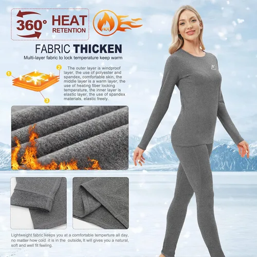 Vista 3 de MeetHoo Ropa interior térmica para mujer, conjunto de compresión de capa base cálida para invierno, forro polar, pantalones largos para correr