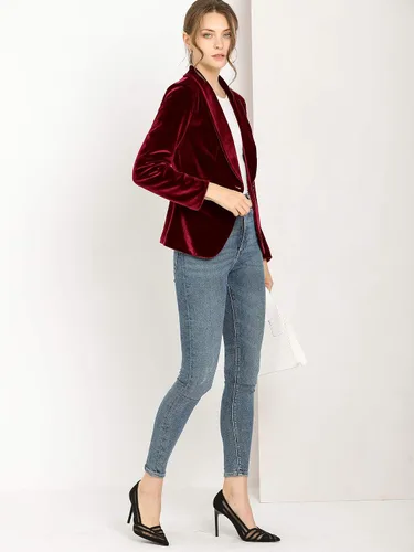 Vista 4 de Allegra K Abrigo de oficina de Navidad para mujer, cuello de chal sólido, chaqueta de terciopelo con 1 botón