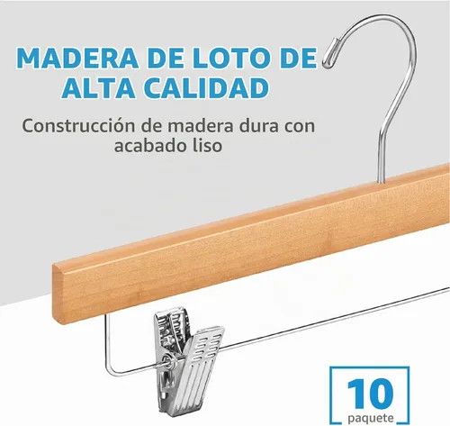 Vista 4 de ZOBER Perchas de madera para pantalones con clips, perchas para ropa Natural - Paquete de 10