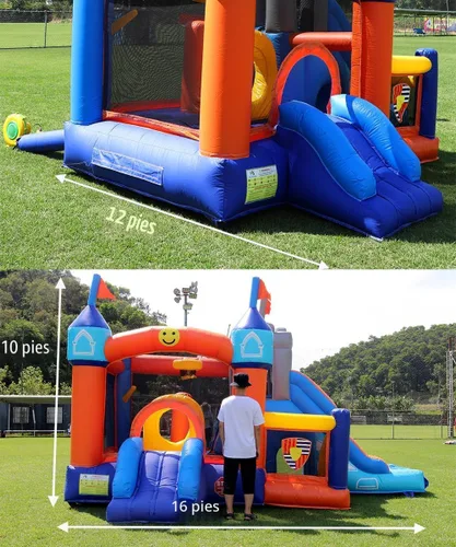 Vista 2 de Castillo inflable de grado comercial de 16 x 12 pies, (PVC resistente), (soplador de 1100 W) - 2 toboganes, hoyo de bolas, aro de baloncesto, casa