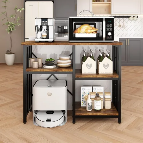 Vista 8 de Estante de cocina de 4 niveles con toma de corriente, mini refrigerador y microondas, mesa de barra de café de 5 niveles, soporte para tanque
