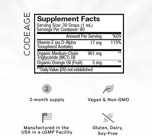 Vista 2 de Codeage Vitamina E líquida - Vitamina E orgánica certificada por el USDA, suministro de 2 meses - Acetato de tocoferol D-alfa, aceite de MCT