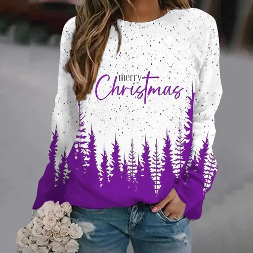 Vista 3 de Suéter de manga larga con cuello redondo y estampado de Feliz Navidad para mujer, sudadera ligera para otoño e invierno
