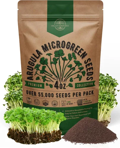Vista 10 de Organo Republic Semillas de Rúcula para Germinación y Microgreens - Kit de Semillas de Brotes Sin OGM, Reliquia, Bolsa Resellable de 1 libra
