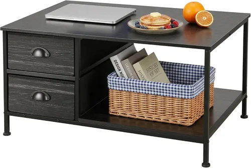 Vista 12 de SENIG Mesa de café pequeña rectangular marrón de madera y metal con estante de almacenamiento para salas de estar pequeñas