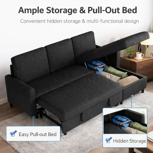 Vista 6 de JAMFLY Sofá cama extraíble con diván de almacenamiento, sofá modular de pana en forma de L de 77 pulgadas, sofá cama convertible de 3 plazas