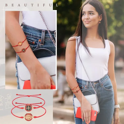 Vista 3 de Pulsera de San Benito de 20 piezas hecha a mano con nudo rojo ajustable para mujeres niñas y hombres Enlace