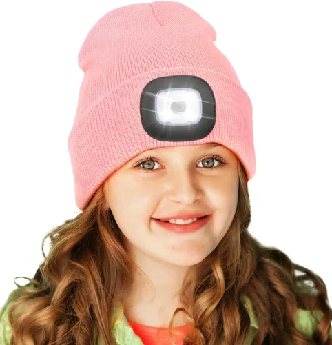Vista 15 de Gorro LED para Niños, Unisex Gorro con Linterna Frontal Recargable de Invierno con Luz Nocturna, Regalos para Niños y Niñas Naranja