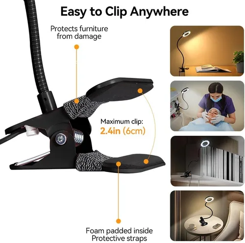 Vista 6 de Skymore Luz de escritorio con clip, [3 modos de color y 10 brillo] Luz de lectura LED con abrazadera, luz de libro de cuello de cisne flexible