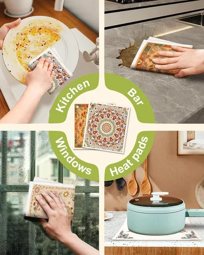 Vista 6 de Miss Adola 6 unidades de paños suecos para cocina - paños reutilizables para lavar platos, toallas de cocina absorbentes, lindas y divertidas, Bohemi