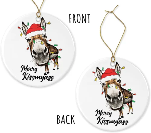 Vista 3 de OystersPearl Merry Kiss My Ass - Adorno divertido de porcelana para árbol de Navidad, adorno de Navidad de burro, adorno de burro de Papá Noel