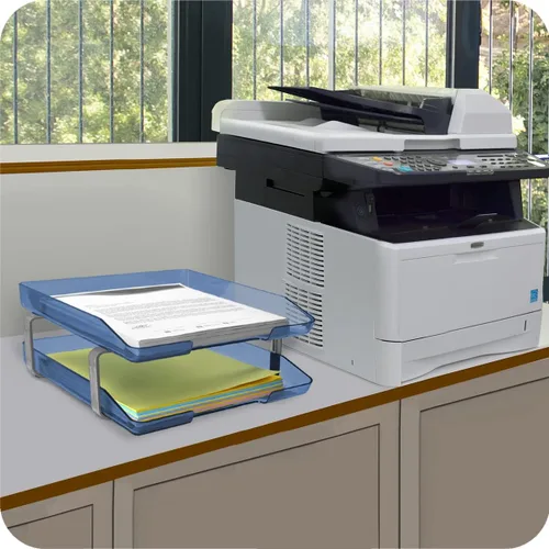 Vista 5 de Acrimet Bandeja de cartas tradicional de 2 niveles con carga frontal de plástico para escritorio (color azul transparente)
