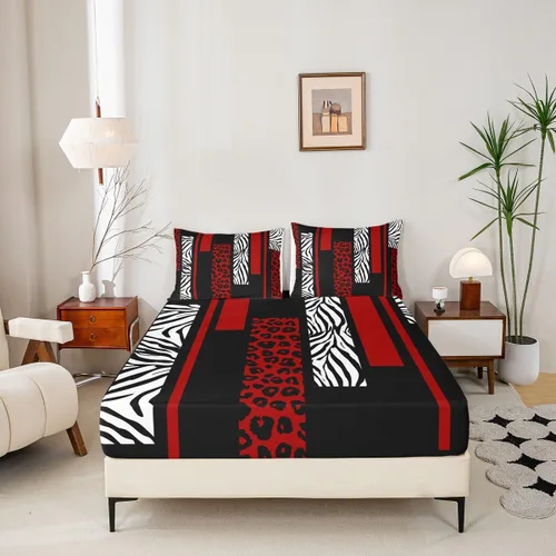 Vista 4 de Sábana bajera ajustable con estampado de leopardo, tamaño individual, juego de ropa de cama rústica con rayas de piel de cebra, decoración