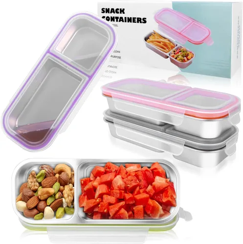 Vista 6 de Paquete de 4 recipientes de acero inoxidable con tapas, 3 compartimentos reutilizables para adultos, contenedores de almacenamiento de alimentos