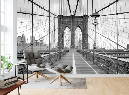 Vista 2 de Papel tapiz fotográfico 3D de Brooklyn Bridge, mural de puente de edificio de la ciudad, murales de pared, espacio para sala de estar, dormitorio