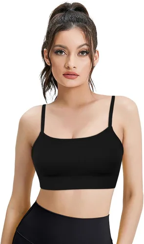 Vista 2 de VEQKING Sujetador deportivo para mujer, tirantes delgados ajustables, cuello cuadrado, sin costuras, para entrenamiento, yoga, bralette con copas