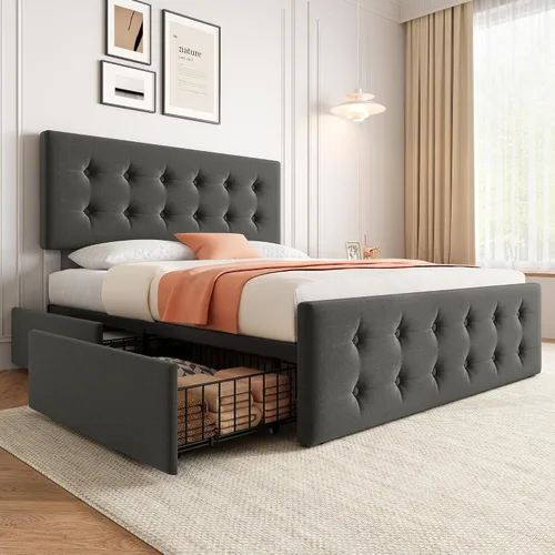 Vista 16 de IDEALHOUSE Marco de cama tamaño completo con 4 cajones de almacenamiento y cabecero, marco de cama plataforma tapizada en cuero sintético con Beige