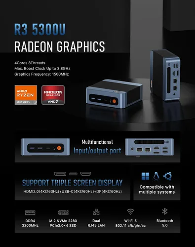 Vista 2 de BOSGAME E5 11 Pro Mini PC, AMD Ryzen 5300U 4C/8T, 16GB DDR4 1TB NVMe SSD