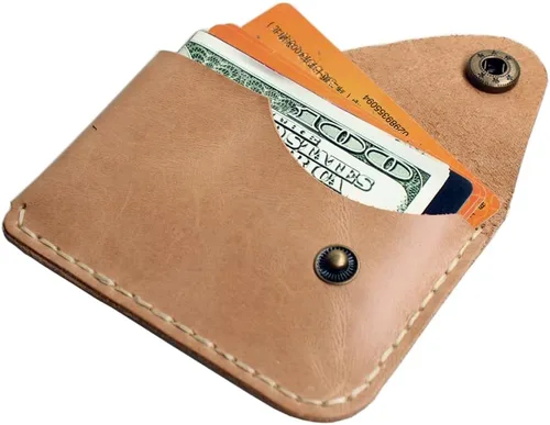 Vista 8 de Handmade cowhide card holder ultra-thin mini portable front pocket card case (Light yellow)