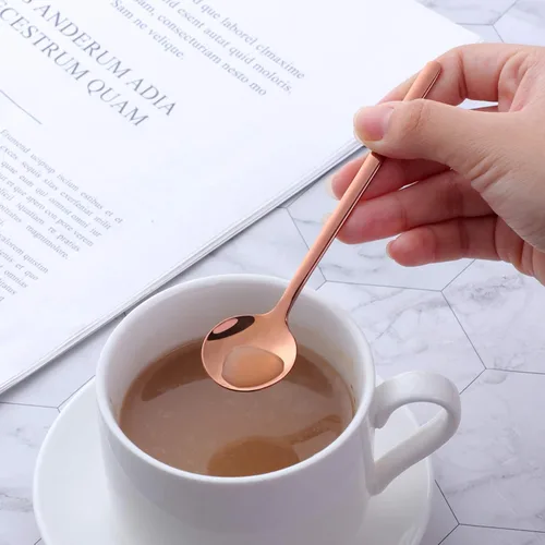Vista 6 de Juego de 8 cucharas de café pequeñas de acero inoxidable 18/10 de oro rosa para té, postre, aperitivo, 5.1 pulgadas