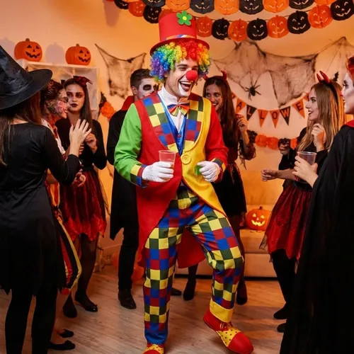 Vista 5 de Yahenda 7 Pcs Circus Clown Costume Set Halloween Rainbow Wig Hat Nose