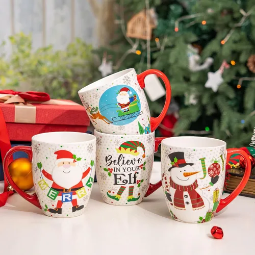 Vista 9 de Topadorn Juego de 4 Tazas Navideñas, Tazas de Café Festivas con Asa, Tazas de Café de Cerámica de 18 oz - Regalo para Familia y Amigos, Ideal