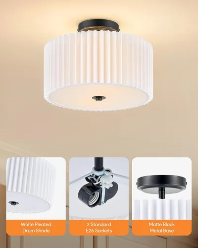 Vista 5 de VONLUCE Lámpara de techo semiempotrada de 12.2 pulgadas, moderna lámpara de techo de 2 luces con pantalla de tambor plisada blanca, 2 enchufes E26