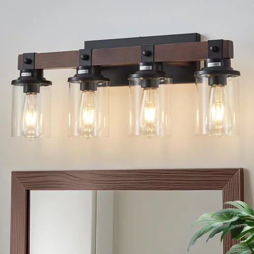 Vista 9 de Lámpara de tocador de madera de granja para baño, 3 luces de baño sobre espejo, apliques de pared rústicos con pantalla de metal para baño