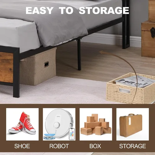 Vista 7 de Marco de cama industrial de tamaño completo con luces LED, 2 puertos USB, almacenamiento de 2 niveles, marrón rústico