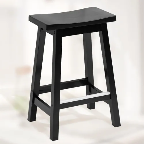 Vista 6 de Juego de 2 taburetes de bar de madera maciza con placas de pie de metal, taburetes modernos sin espalda de 24 pulgadas de altura para encimera