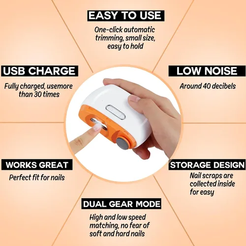 Vista 2 de Cortaúñas eléctrico, 3 en 1, recortador de uñas eléctrico y pulidor con luz LED y almacenamiento de clips, recargable por USB, lima de uñas