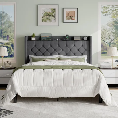 Vista 10 de SHA CERLIN Base de cama de plataforma de tamaño matrimonial con estación de carga, cabecera de lino con estante de almacenamiento, soporte