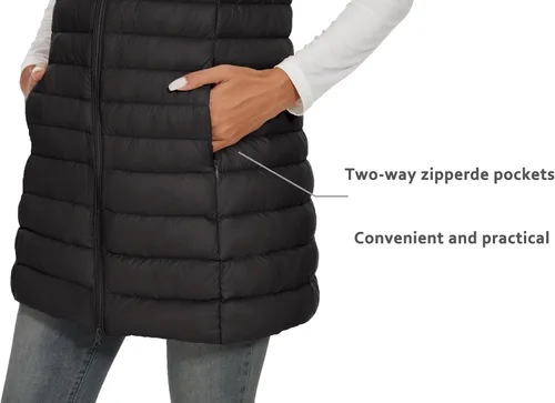 Vista 6 de ELFJOY Chaleco de plumón medio largo para mujer, chaleco acolchado ligero, chaqueta cortavientos elegante
