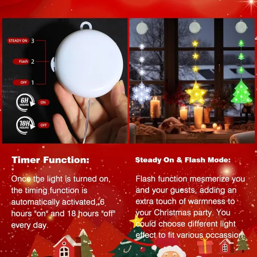 Vista 2 de 3 piezas de luces de ventana de Navidad - Decoraciones de ventana de Navidad con pilas con luces en forma de árbol, copo de nieve y estrella