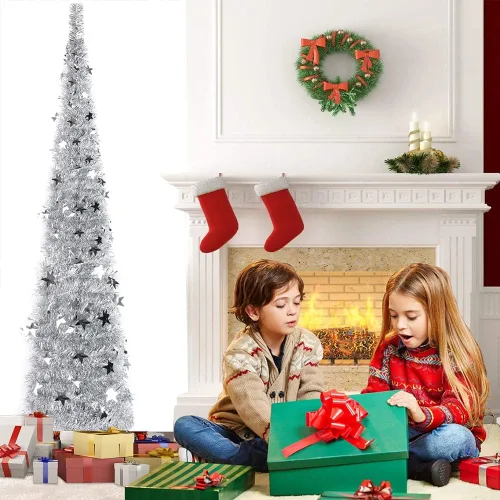 Vista 7 de 6FT Silver Pop up Christmas Tree, Collapsible Christmas Tree Árbol de Navidad de oropel de lentejuelas brillantes, árbol de Navidad artificial fácil