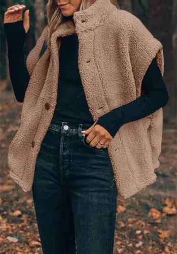 Vista 8 de Hongqizo - Chaleco de forro polar mullido para mujer, casual, de gran tamaño, cálido, con botones, chaqueta de sherpa con bolsillos