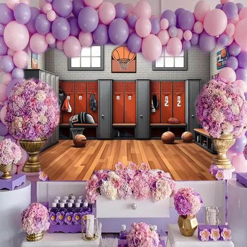 Vista 5 de Fondo de baloncesto para vestuario, 7 x 5 pies, fondo de fotografía de gimnasio con temática deportiva, suministros de fiesta, decoración de club