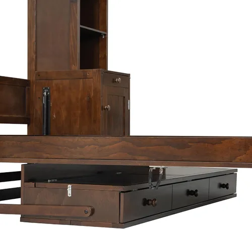 Vista 4 de MERITLINE Cama Queen Murphy con escritorio y armarios de almacenamiento, cama vertical de pared de madera maciza con cajones de almacenamiento