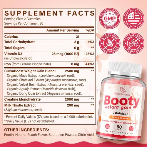 Vista 6 de Gomitas de botín para mujer, las gomitas BBL contienen mezcla de hierbas CurvaBoost BBL y monohidrato de creatina para botín, curvas y energía, cero