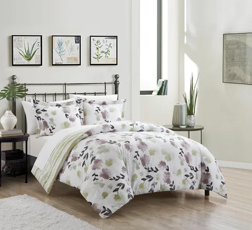 Vista 2 de Chic Home Everly Green - Juego de funda de edredón de 3 piezas reversible con estampado floral de acuarela con cierre de cremallera, fundas