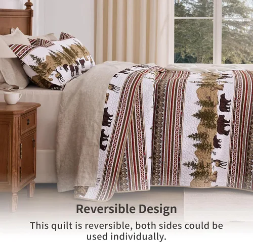 Vista 2 de PPOLCA Juego de ropa de cama para cabaña tamaño individual, edredón rústico reversible ligero de Navidad con diseño de osos, 2 piezas de colcha