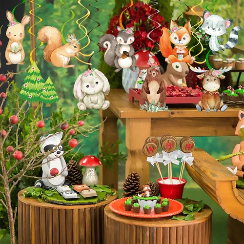 Vista 9 de Decoraciones de fiesta de bosque, 20 piezas de animales del bosque, remolinos colgantes, animales del bosque, decoraciones de techo para decoración