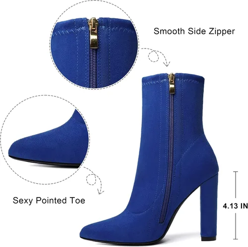 Vista 2 de risdoada Botas de tacón grueso para mujer botas de tacón grueso punta puntiaguda de gamuza elástica otoño e invierno botines de media pantorrilla