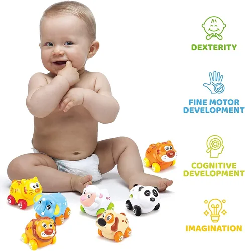 Vista 5 de Liberty Imports Juego de 8 piezas de animales de dibujos animados de juguete de fricción para bebés y niños pequeños Lindos mini vehículos