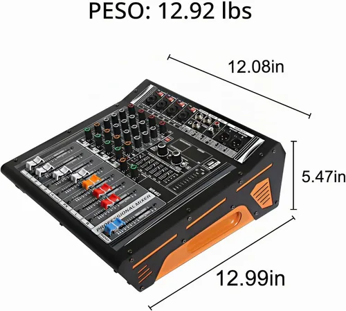 Vista 5 de Mezclador de Audio de 4 Canales, Mezclador DJ con Amplificador de Potencia, Tarjeta de Sonido de Audio con Alimentación Fantasma de 48V, Interfaz